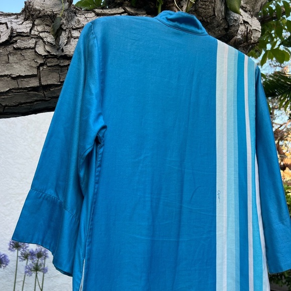 Vtg 70s Catherine Ogust Blue White Stripe Cotton Caftan Dress | Mandarin Collar - Picture 7 of 15